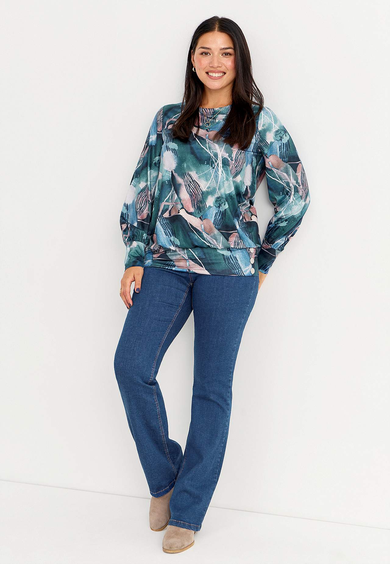 Rakstains trikotāžas tops ar pogu dekoru