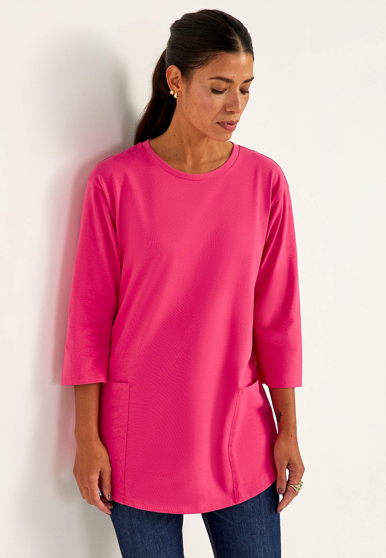 Organiskās kokvilnas trikotāžas tunika ar kabatām